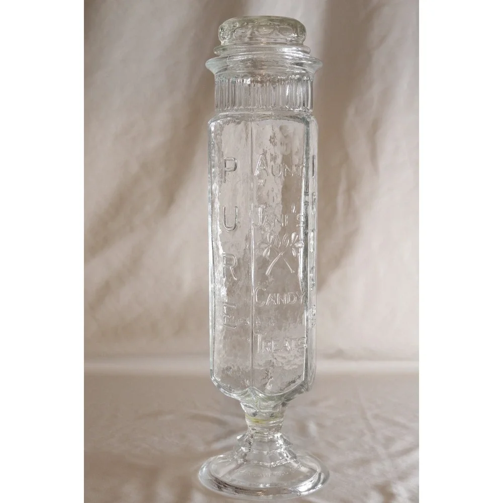 Aunt Janes Candy Treats Glass Apothecary Jar Hexagon Pedestal Clear 17 Inch
